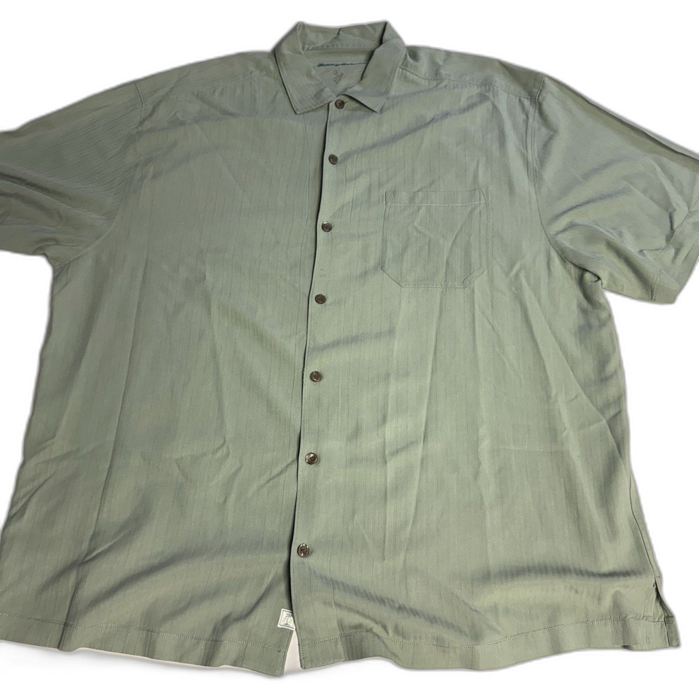 Tommy Bahama Short Sleeve Button Front Shirt Green Stripe 100% Silk XXL Cruise
